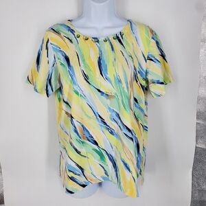 Alfred Dunner Small S Knit Top Abstract Wave Print Yellow Green Scoop Neck